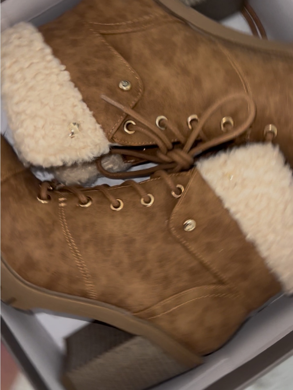GBG Los Angeles Tan Faux-Suede Lace-Up Sherpa Ankle Boots